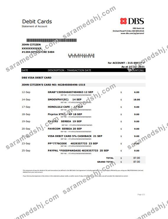 Singapore DBS bank proof of address statement template in .xls and .pdf format
